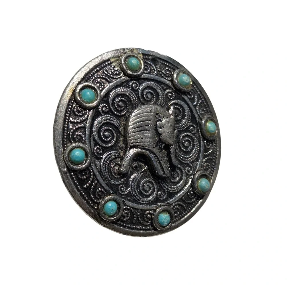 Vintage 1985 Egyptian Revival Headdress Pendant Turquoise Accents Embossed Metal